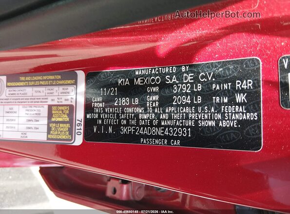 3KPF24AD8NE432931 2022 KIA FORTE Red ძრავის განყოფილების ხედი