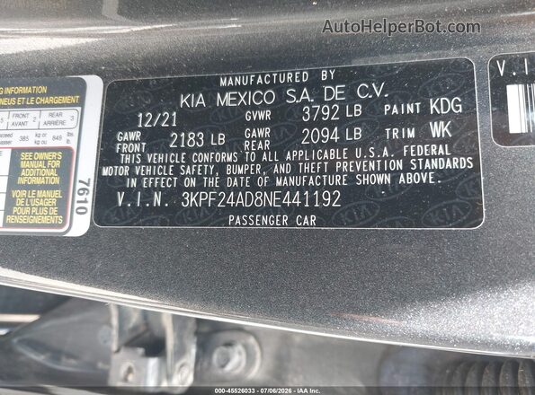 3KPF24AD8NE441192 2022 KIA FORTE Blue Vista del compartimento del motor