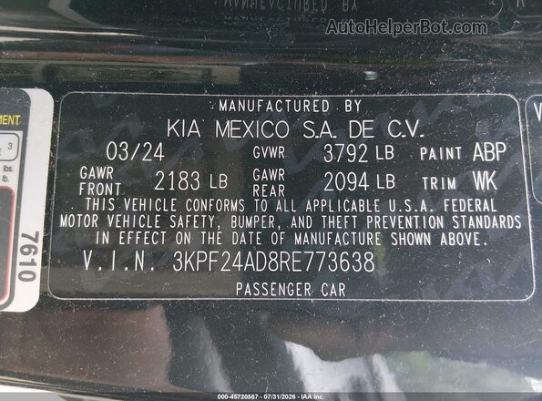 3KPF24AD8RE773638 2024 KIA FORTE Black Vista del compartimento del motor