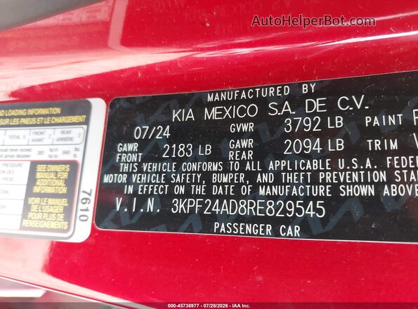 3KPF24AD8RE829545 2024 KIA FORTE Красный Вид подкапотного пространства