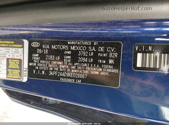 3KPF24AD9KE026667 2019 KIA FORTE Blue ძრავის განყოფილების ხედი