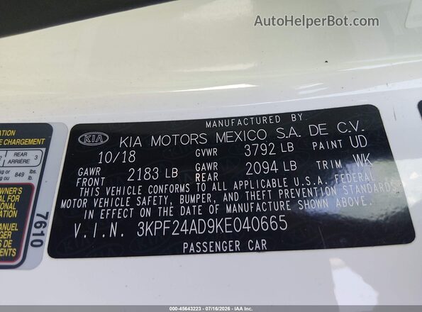 3KPF24AD9KE040665 2019 KIA FORTE White Engine compartment view