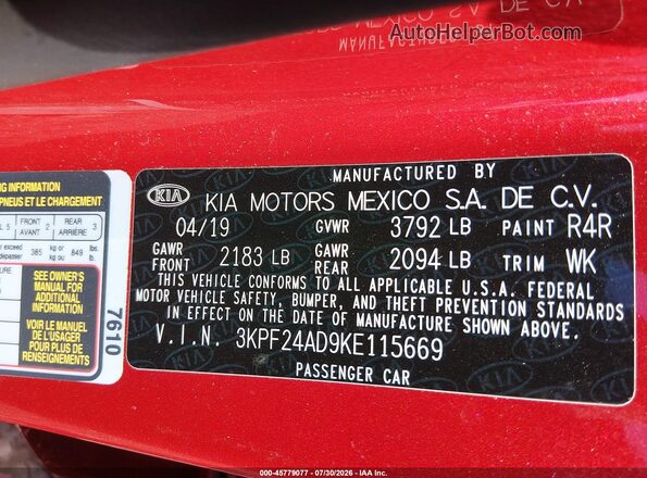 3KPF24AD9KE115669 2019 KIA FORTE Red Widok komory silnika