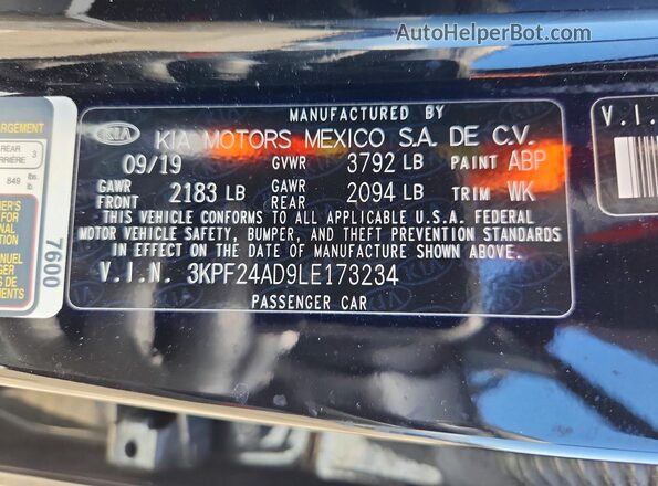 3KPF24AD9LE173234 2020 KIA FORTE Black Вид підкапотного простору