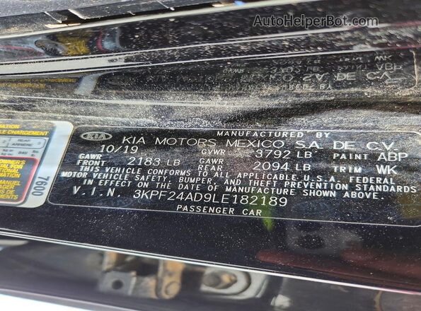 3KPF24AD9LE182189 2020 KIA FORTE Black Vista del compartimento del motor