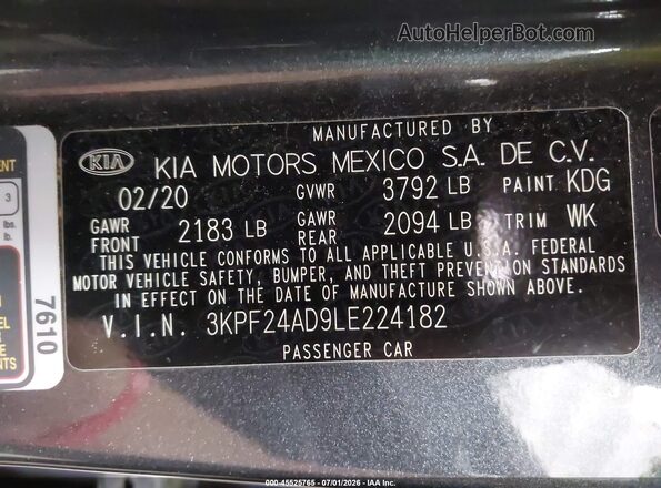 3KPF24AD9LE224182 2020 KIA FORTE Black Շարժիչի բաժամունքի տեսք