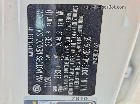3KPF24AD9ME309959 2021 KIA FORTE White VIN sticker view