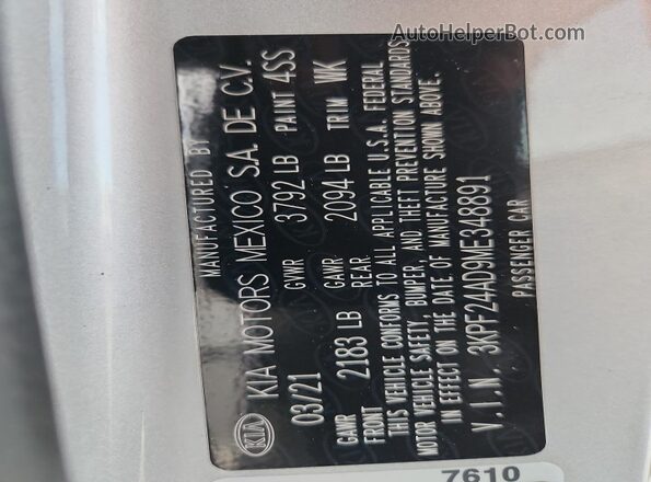 3KPF24AD9ME348891 2021 KIA FORTE Silver ძრავის განყოფილების ხედი