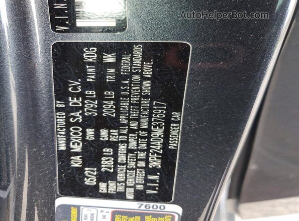 3KPF24AD9ME376917 2021 KIA FORTE Gray ძრავის განყოფილების ხედი