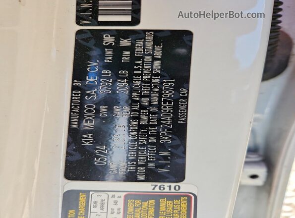 3KPF24AD9RE798791 2024 KIA FORTE White Вид наклейки з VIN-кодом