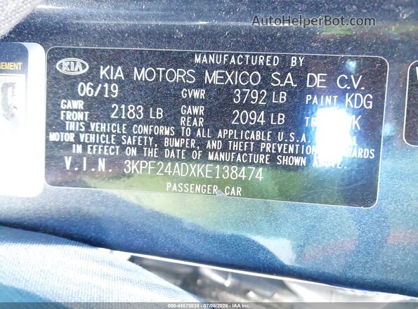 3KPF24ADXKE138474 2019 KIA FORTE Black Widok komory silnika