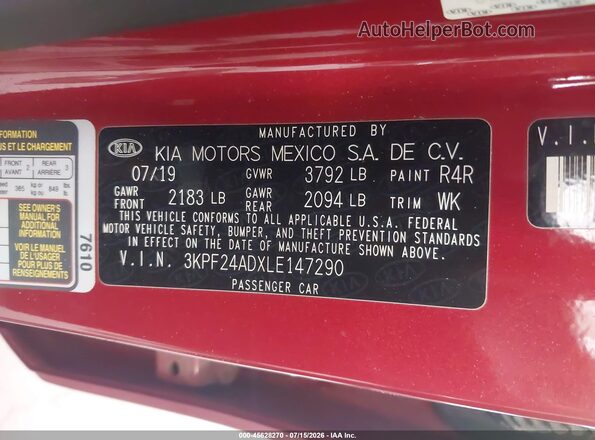 3KPF24ADXLE147290 2020 KIA FORTE Red Շարժիչի բաժամունքի տեսք