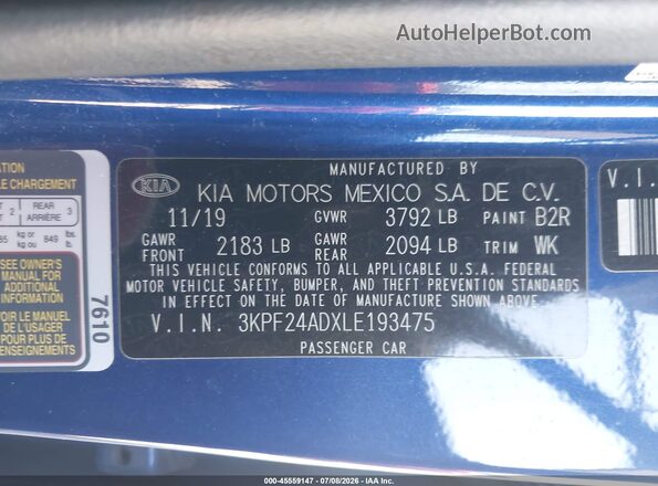 3KPF24ADXLE193475 2020 KIA FORTE Blue ძრავის განყოფილების ხედი