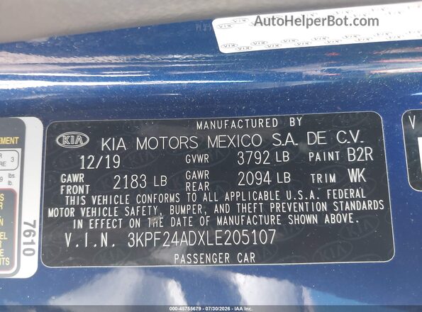 3KPF24ADXLE205107 2020 KIA FORTE Dark Blue ძრავის განყოფილების ხედი