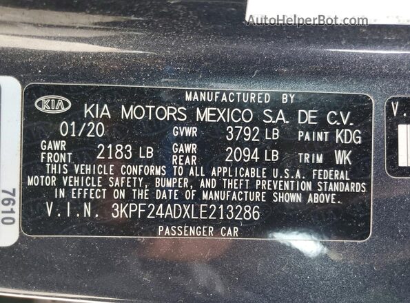3KPF24ADXLE213286 2020 KIA FORTE Gray VIN կոդի պիտակի տեսք