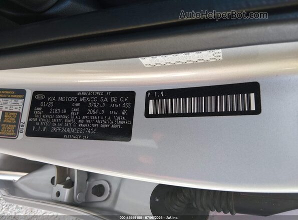 3KPF24ADXLE217404 2020 KIA FORTE Silver Вид підкапотного простору