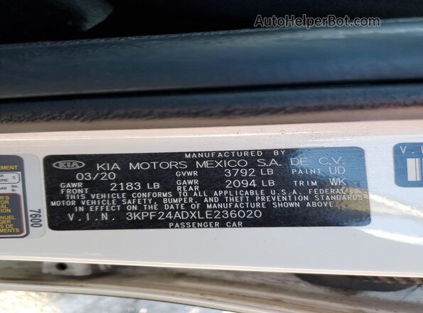 3KPF24ADXLE236020 2020 KIA FORTE White Widok komory silnika