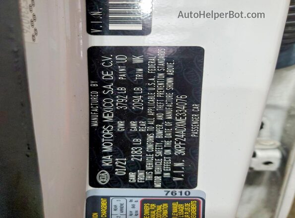 3KPF24ADXME334076 2021 KIA FORTE White ძრავის განყოფილების ხედი