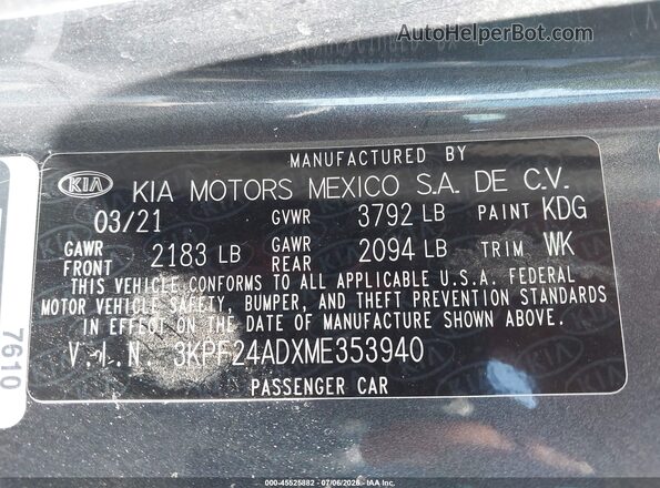 3KPF24ADXME353940 2021 KIA FORTE Gray Շարժիչի բաժամունքի տեսք