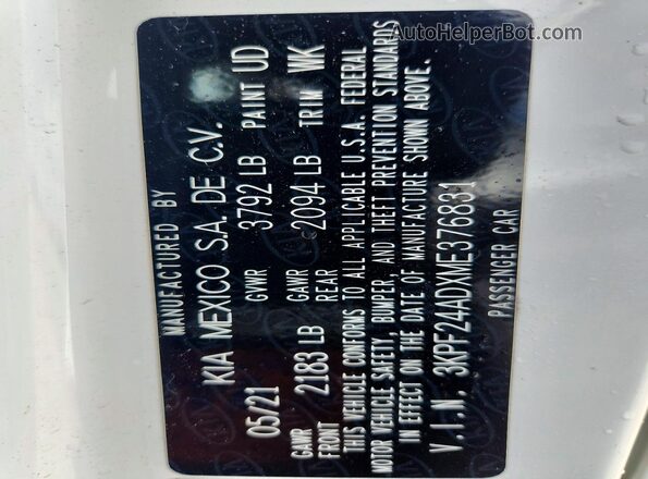 3KPF24ADXME376831 2021 KIA FORTE White Շարժիչի բաժամունքի տեսք