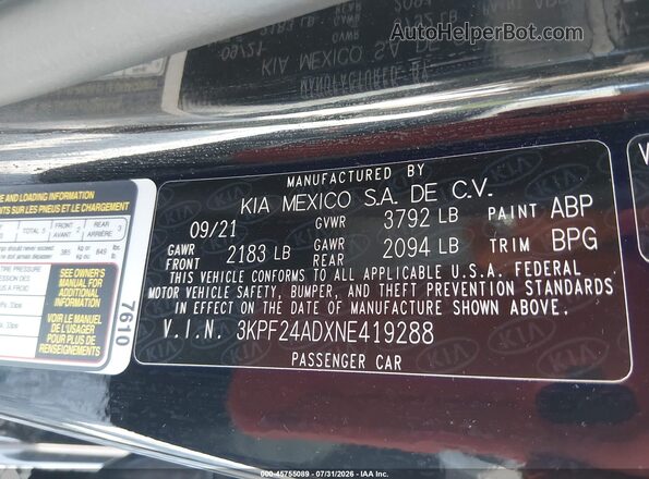 3KPF24ADXNE419288 2022 KIA FORTE Черный Вид подкапотного пространства