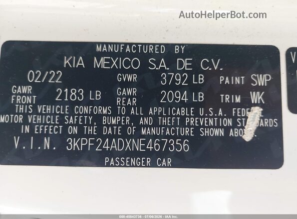 3KPF24ADXNE467356 2022 KIA FORTE White Вид підкапотного простору