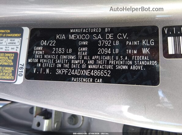 3KPF24ADXNE486652 2022 KIA FORTE Серебряный Вид подкапотного пространства