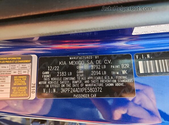 3KPF24ADXPE580372 2023 KIA FORTE Blue Вид наклейки з VIN-кодом