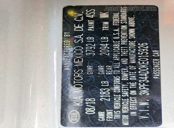 3KPF34AD0KE015926 2019 KIA FORTE Серебряный Вид подкапотного пространства
