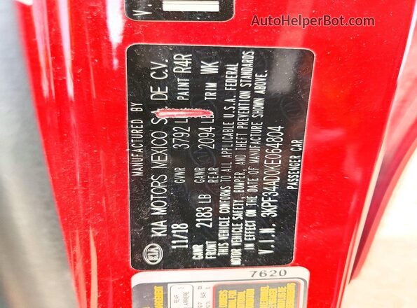 3KPF34AD0KE064804 2019 KIA FORTE Red VIN կոդի պիտակի տեսք