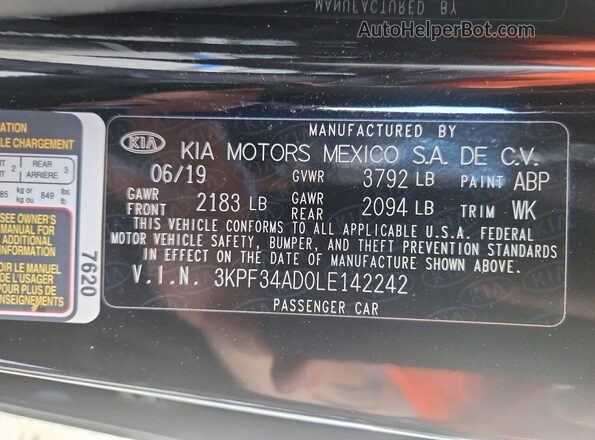 3KPF34AD0LE142242 2020 KIA FORTE Black VIN კოდის სტიკერის ხედი