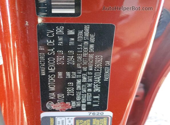 3KPF34AD0LE260923 2020 KIA FORTE Orange Вид підкапотного простору