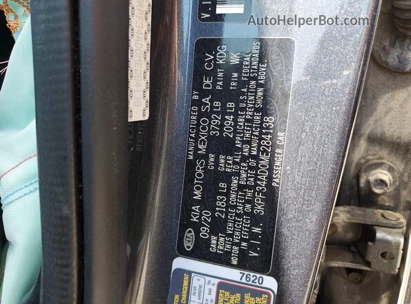 3KPF34AD0ME284138 2021 KIA FORTE Gray VIN კოდის სტიკერის ხედი