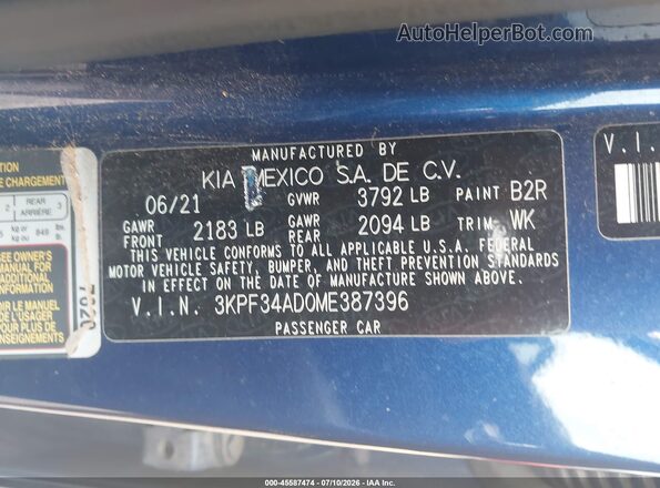 3KPF34AD0ME387396 2021 KIA FORTE Синий Вид подкапотного пространства