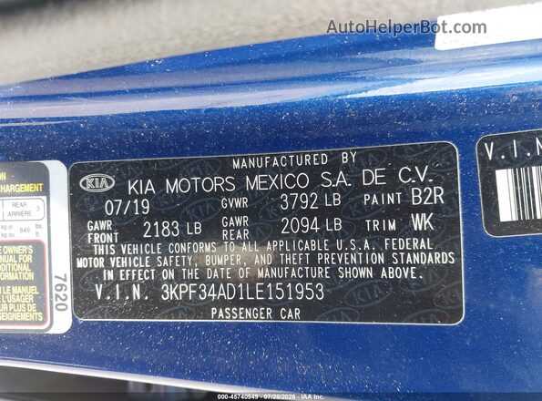 3KPF34AD1LE151953 2020 KIA FORTE Синий Вид подкапотного пространства