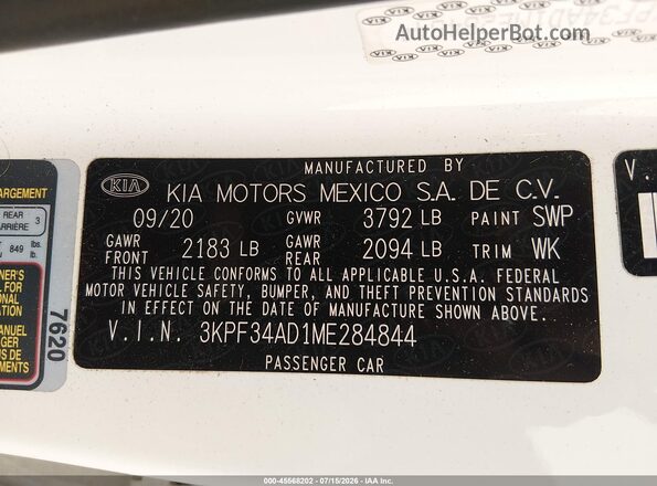 3KPF34AD1ME284844 2021 KIA FORTE White ძრავის განყოფილების ხედი