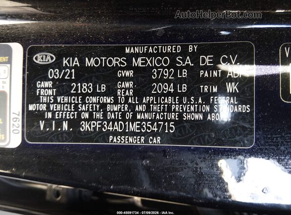 3KPF34AD1ME354715 2021 KIA FORTE Black Vista del compartimento del motor