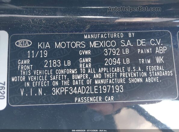 3KPF34AD2LE197193 2020 KIA FORTE Black Вид підкапотного простору