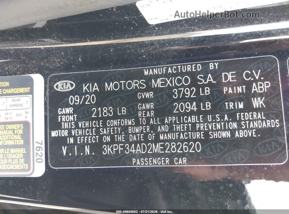 3KPF34AD2ME282620 2021 KIA FORTE Black ძრავის განყოფილების ხედი