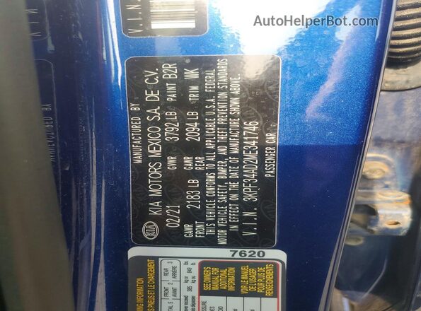 3KPF34AD2ME341746 2021 KIA FORTE Blue VIN կոդի պիտակի տեսք