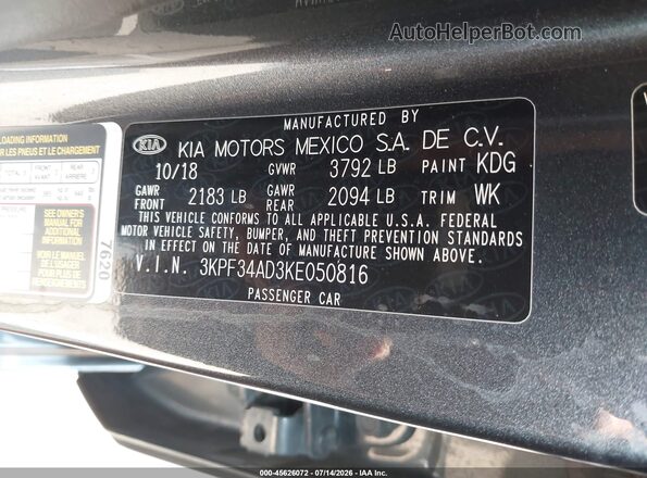 3KPF34AD3KE050816 2019 KIA FORTE Gray Vista del compartimento del motor