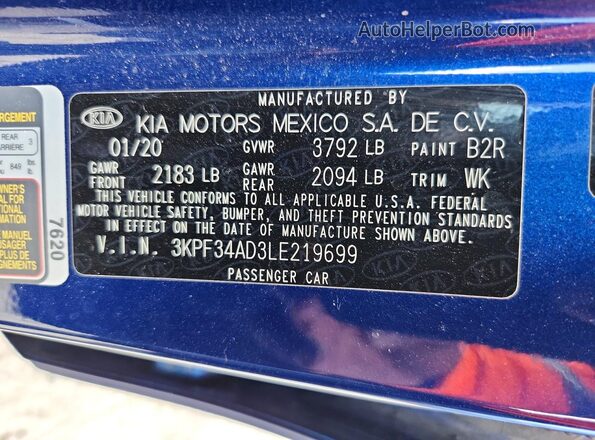 3KPF34AD3LE219699 2020 KIA FORTE Blue Вид наклейки з VIN-кодом