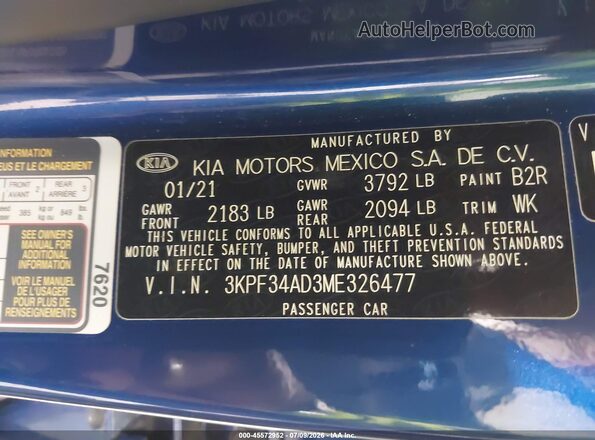 3KPF34AD3ME326477 2021 KIA FORTE Blue Engine compartment view