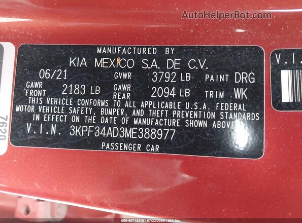 3KPF34AD3ME388977 2021 KIA FORTE Оранжевый Вид подкапотного пространства