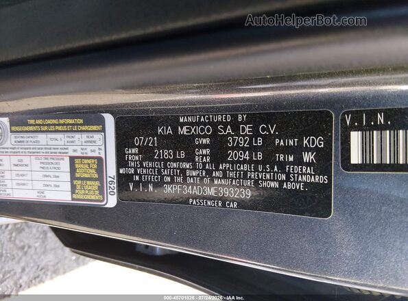 3KPF34AD3ME393239 2021 KIA FORTE Gray Вид підкапотного простору