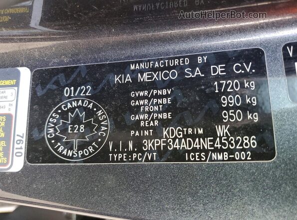 3KPF34AD4NE453286 2022 KIA FORTE Gray Вид наклейки з VIN-кодом