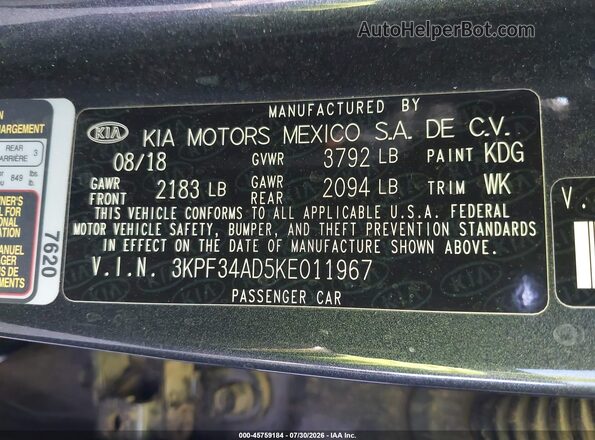 3KPF34AD5KE011967 2019 KIA FORTE Gray Շարժիչի բաժամունքի տեսք