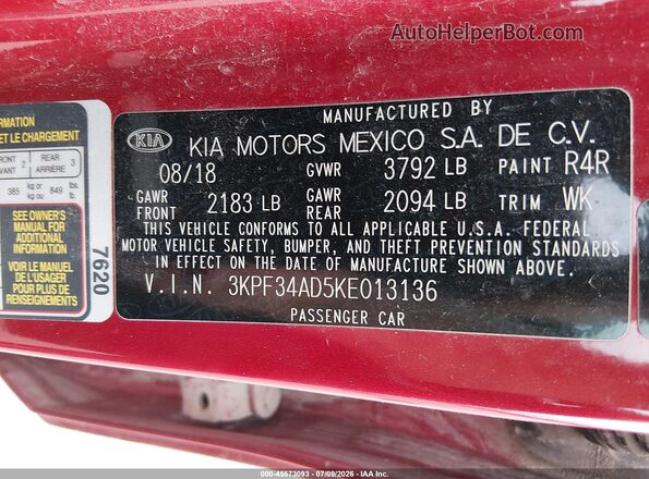 3KPF34AD5KE013136 2019 KIA FORTE Red Շարժիչի բաժամունքի տեսք