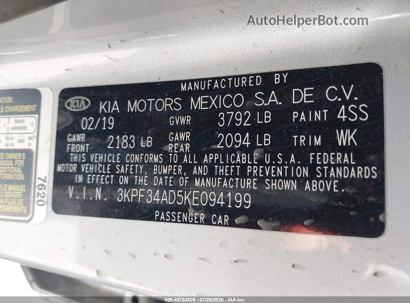 3KPF34AD5KE094199 2019 KIA FORTE Silver Вид підкапотного простору