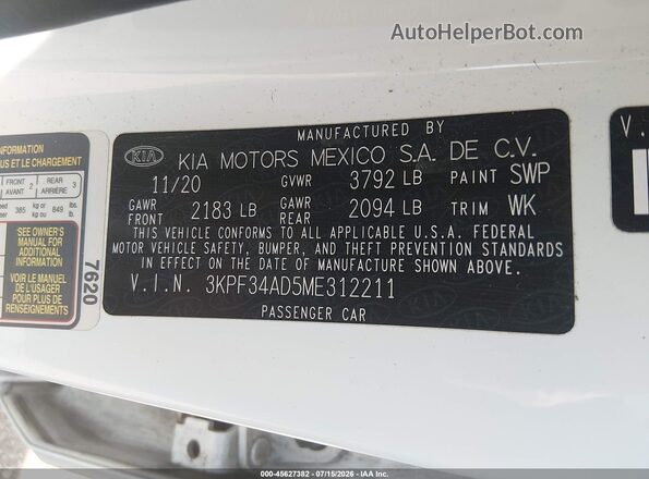 3KPF34AD5ME312211 2021 KIA FORTE Белый Вид подкапотного пространства